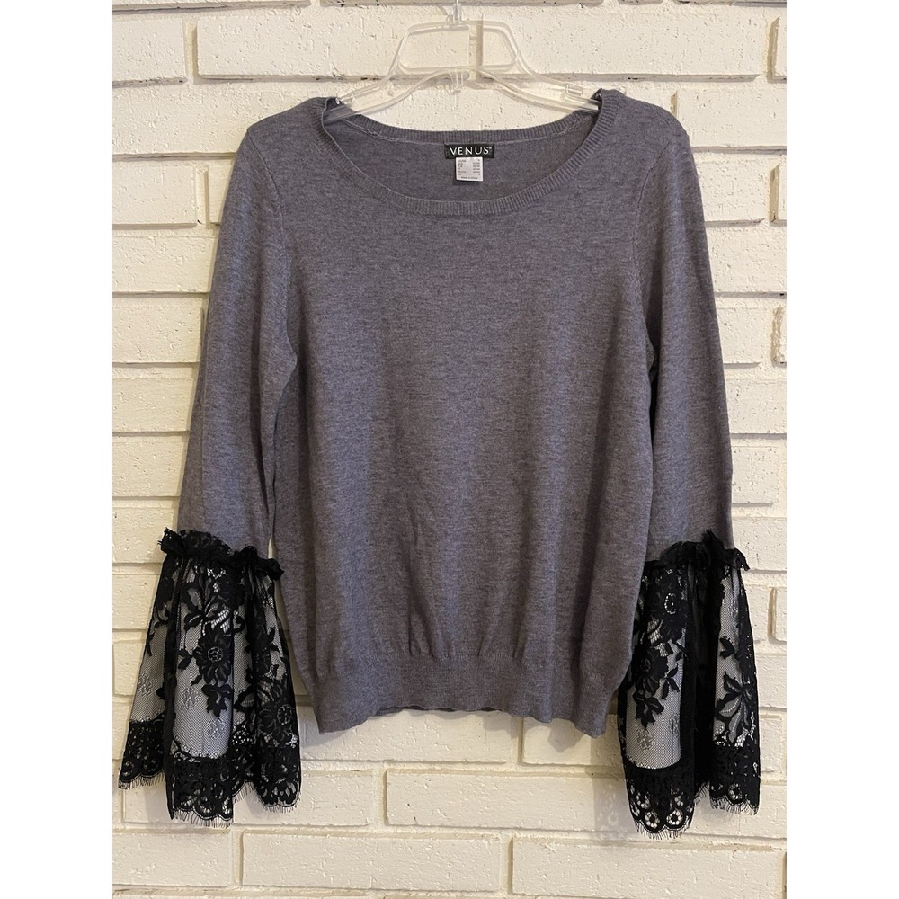 Venus Gray Long Sleeve Sweater‎ w/Flounce Lace Sleeves Size Small